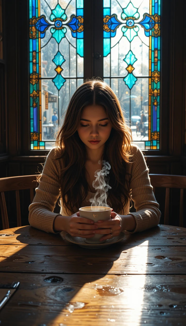 朝のカフェの窓明かりに包まれたコーヒーを持つ若い女性