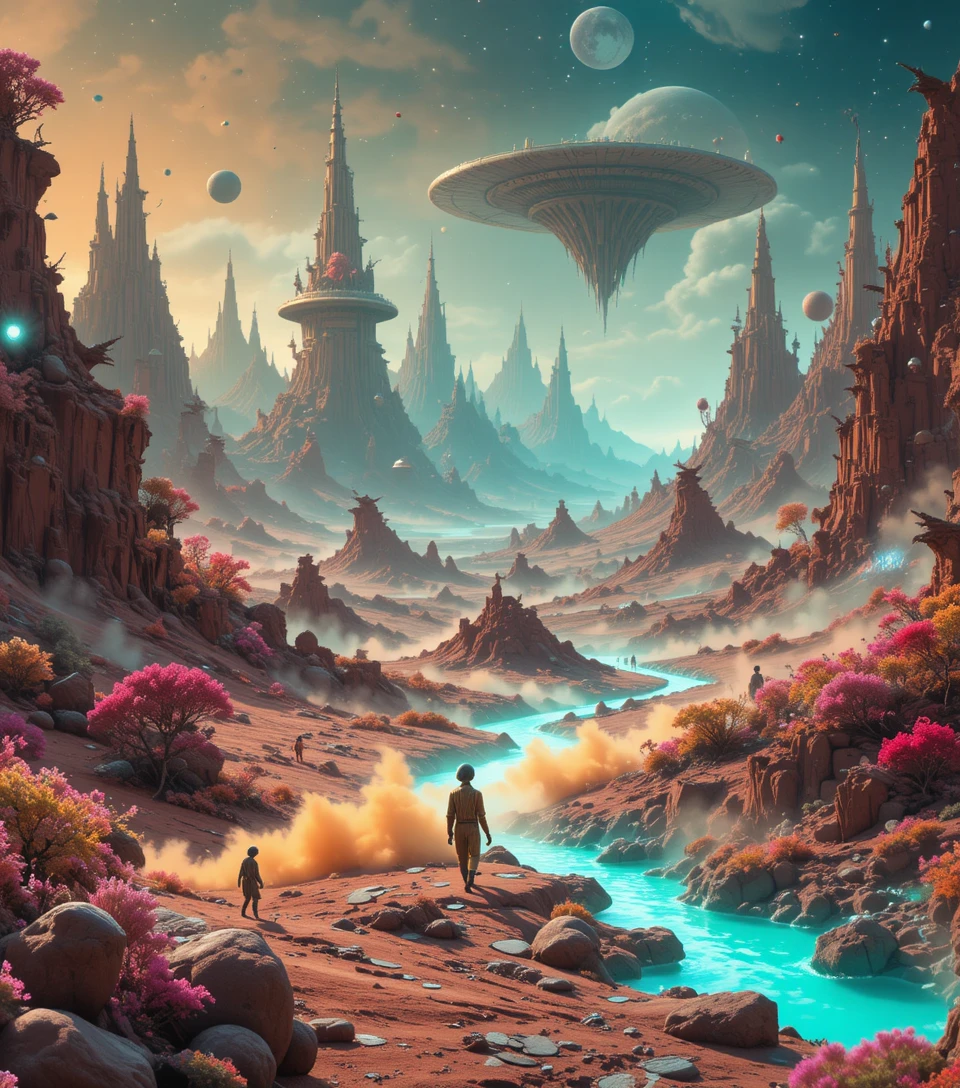 Alien figures crossing floating mountains on a distant planet