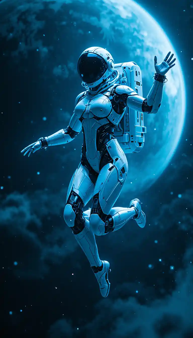 Athletic female cyborg leaping through deep blue outer space