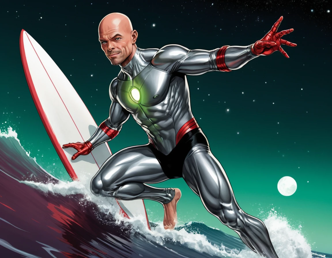 Héroe musculoso con traje plateado surfeando por el espacio profundo