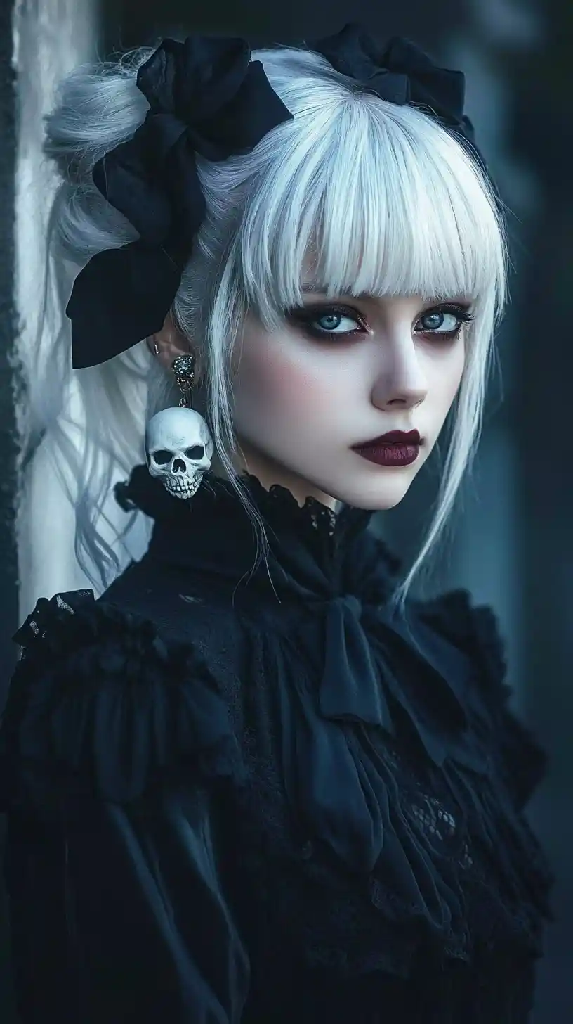White haired woman with skull earring in dark portrait