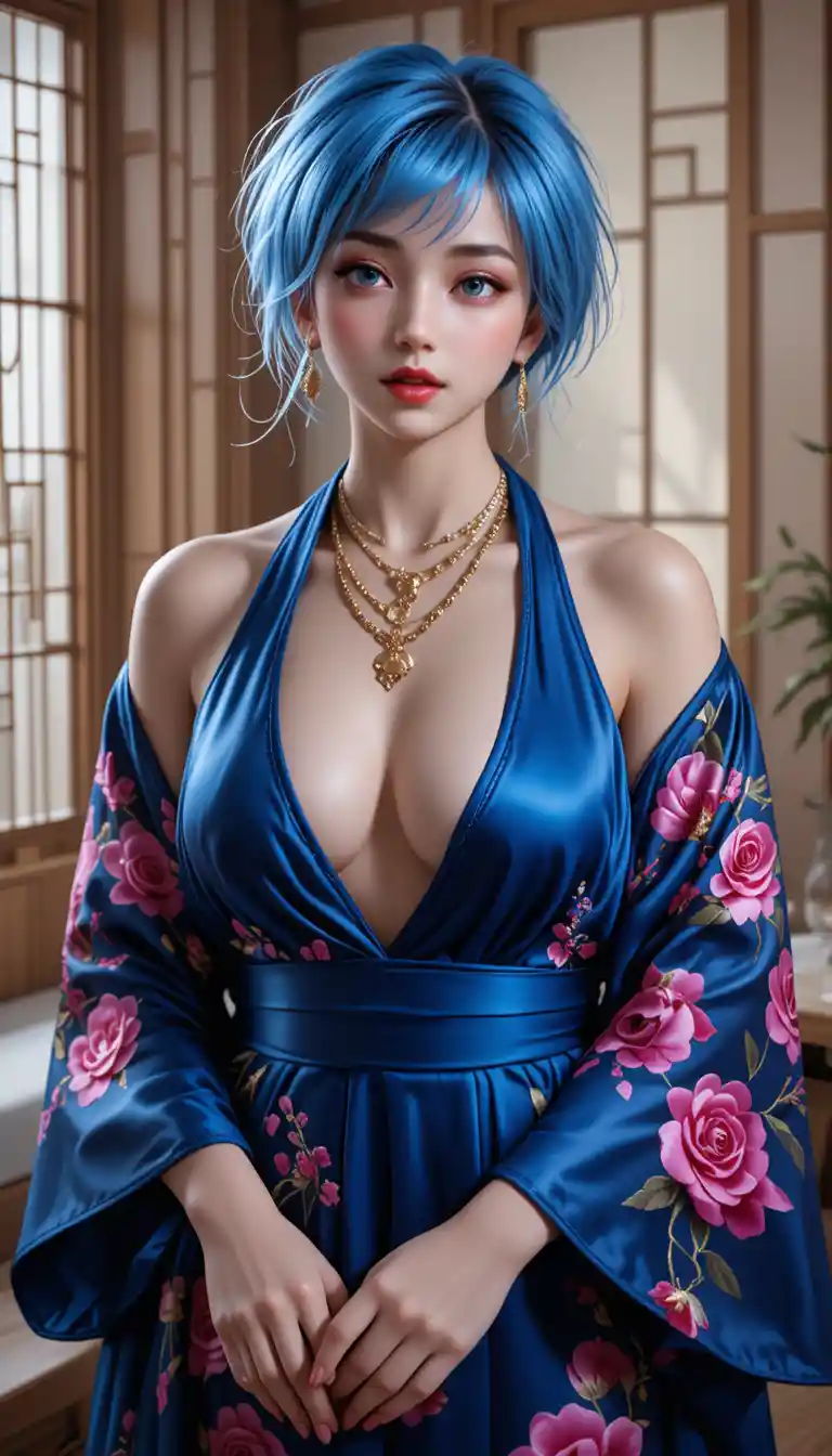 대나무 방에서 파란 꽃무늬 기모노를 입은 아시아 여성