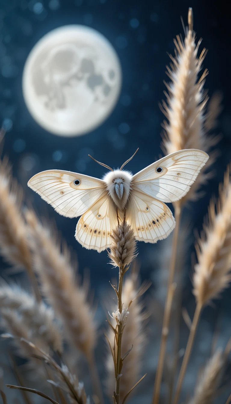 Polilla blanca sobre hierba de la Pampa bajo una brillante luna llena