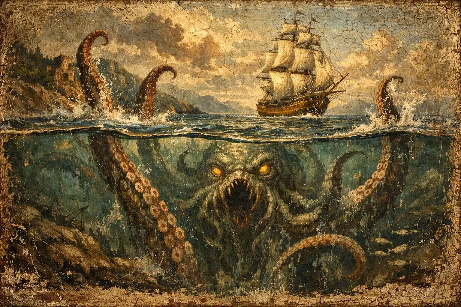 Ancient oil painting of a kraken attacking a distant ship