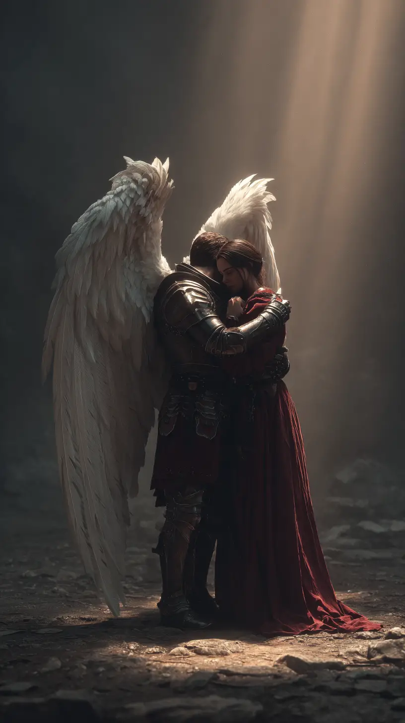 Medieval knight embracing a winged woman at night