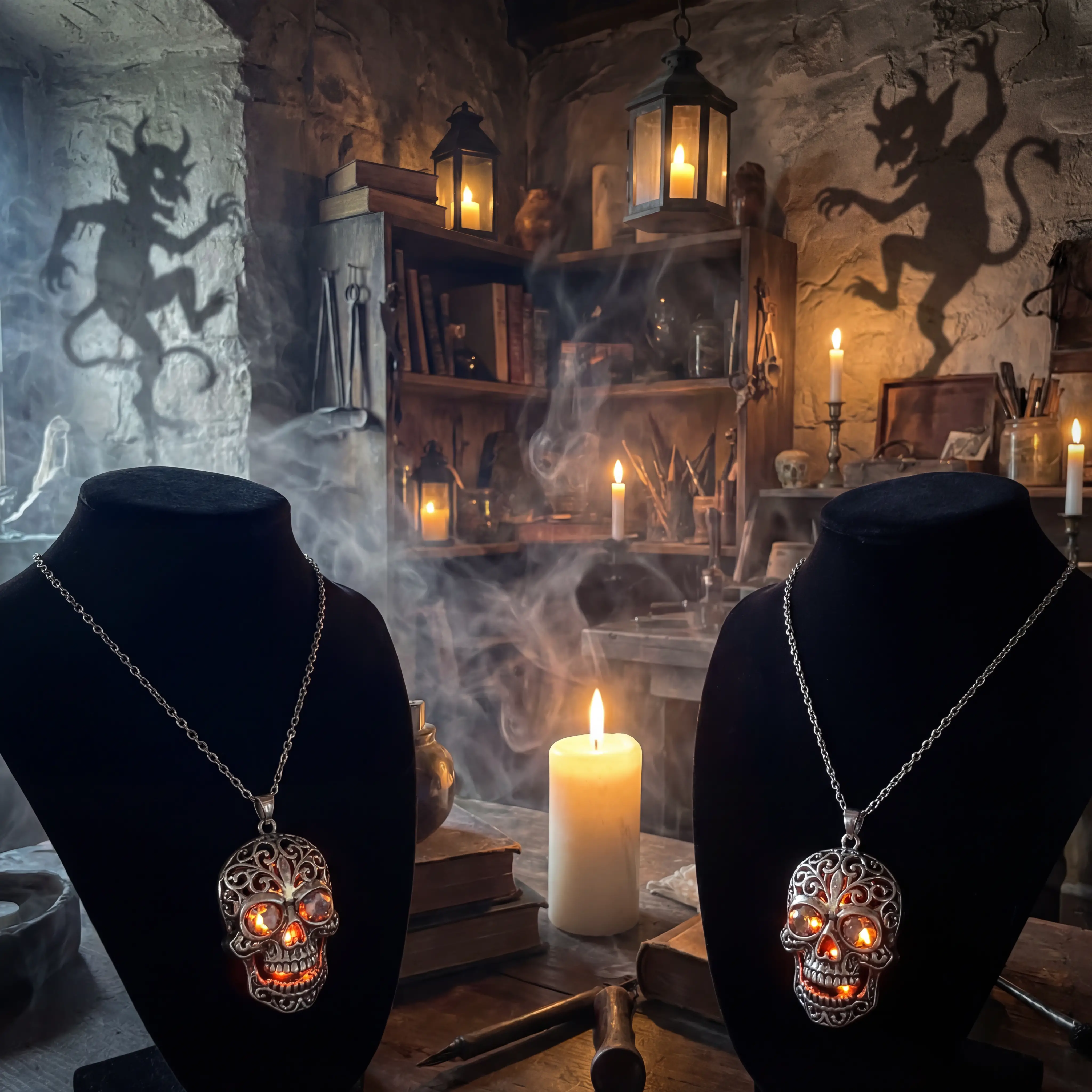 Gothic silver skull necklaces in candlelit workshop