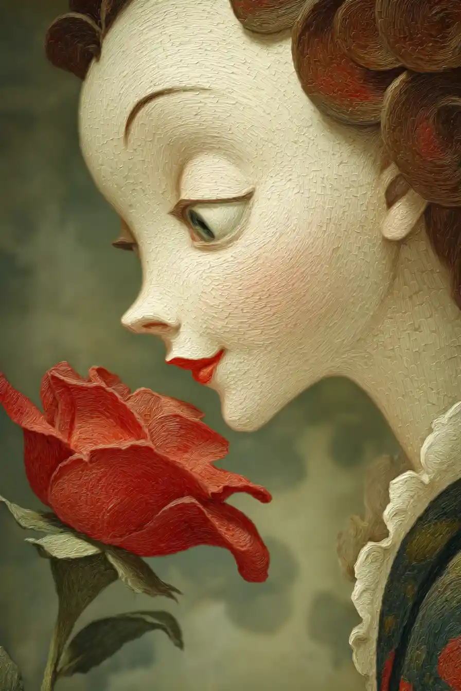 Gentle woman with red rose in a serene garden