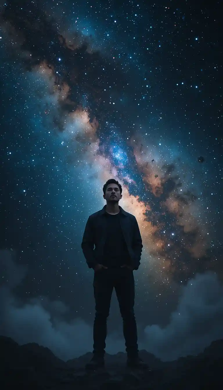 Nachdenklicher Mann vor einer gewaltig wirbelnden Galaxie