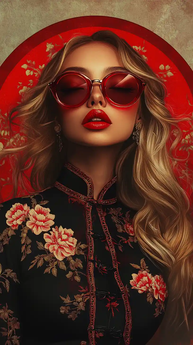 Elegant blonde woman in red sunglasses and cheongsam portrait