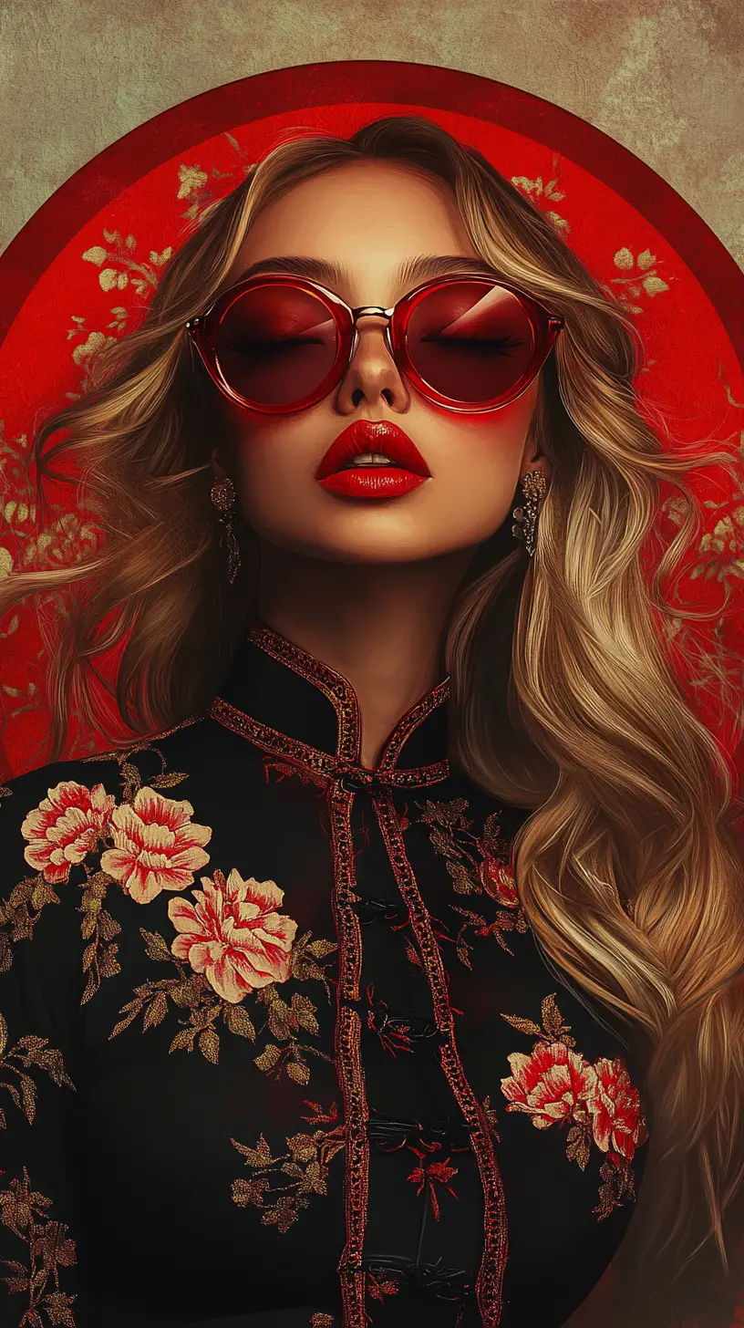 Elegant blonde woman in red sunglasses and cheongsam portrait