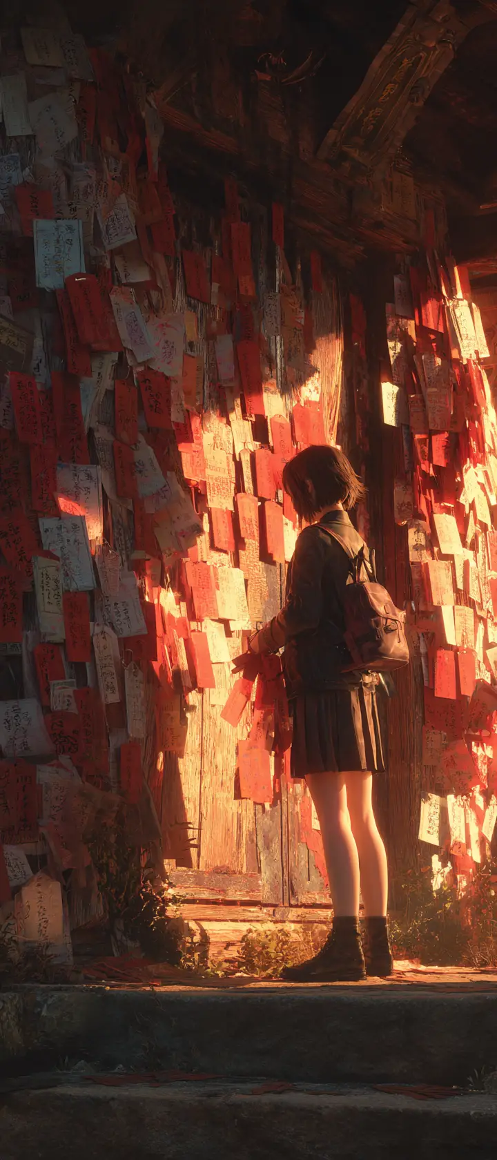 Teenage girl at shrine doorway making a sorrowful wish