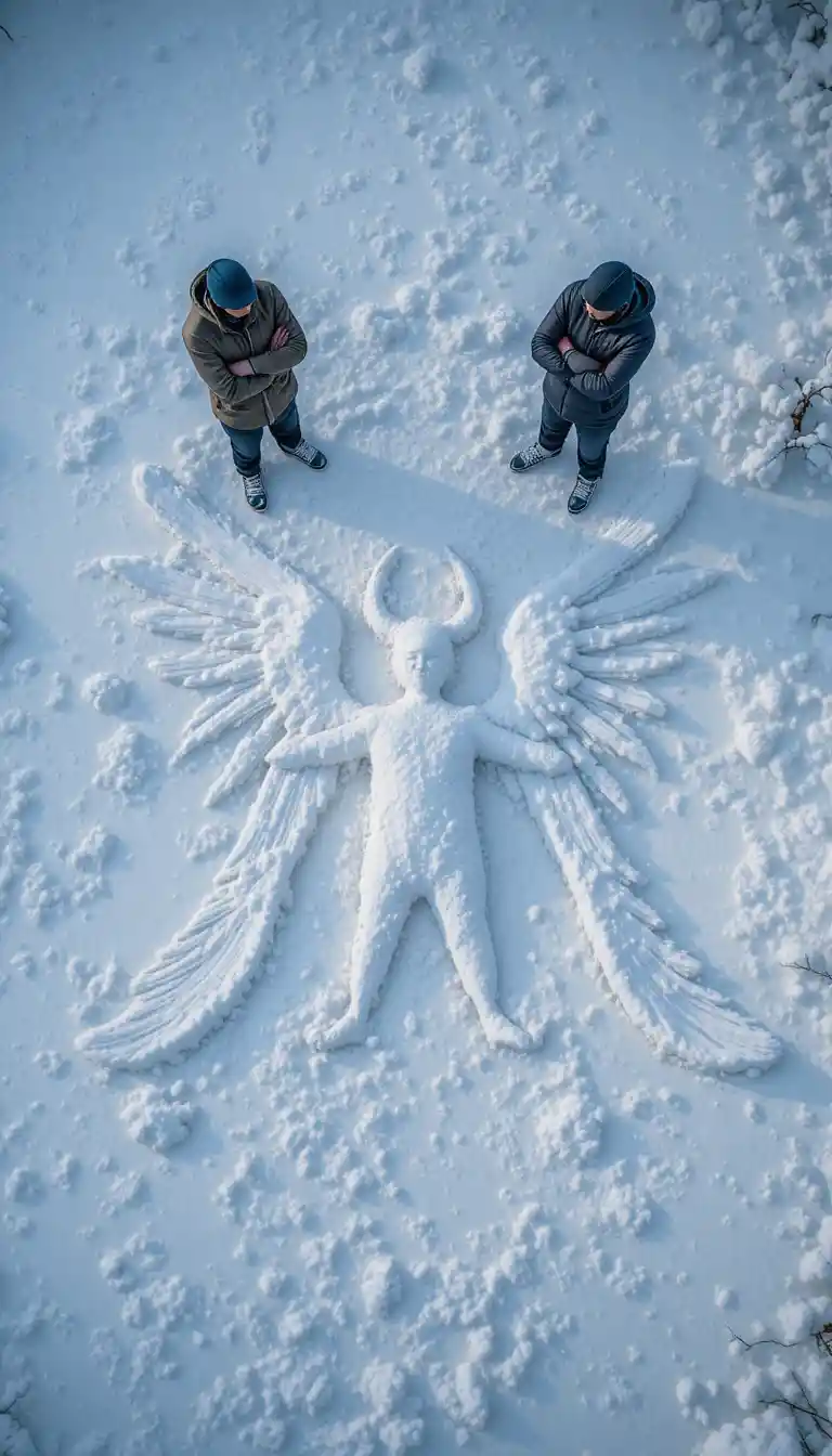 Playful family snow angels seen from a bird s eye view