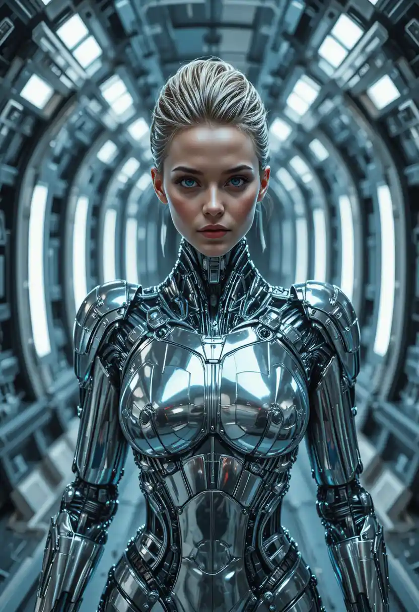 Cyborg féminine marchant dans un couloir futuriste de vaisseau spatial