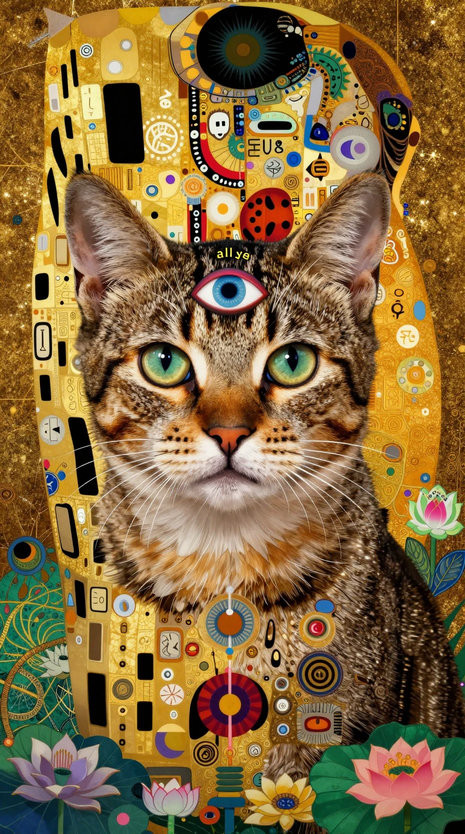 Psychedelic cat portrait with mystical all seeing eye