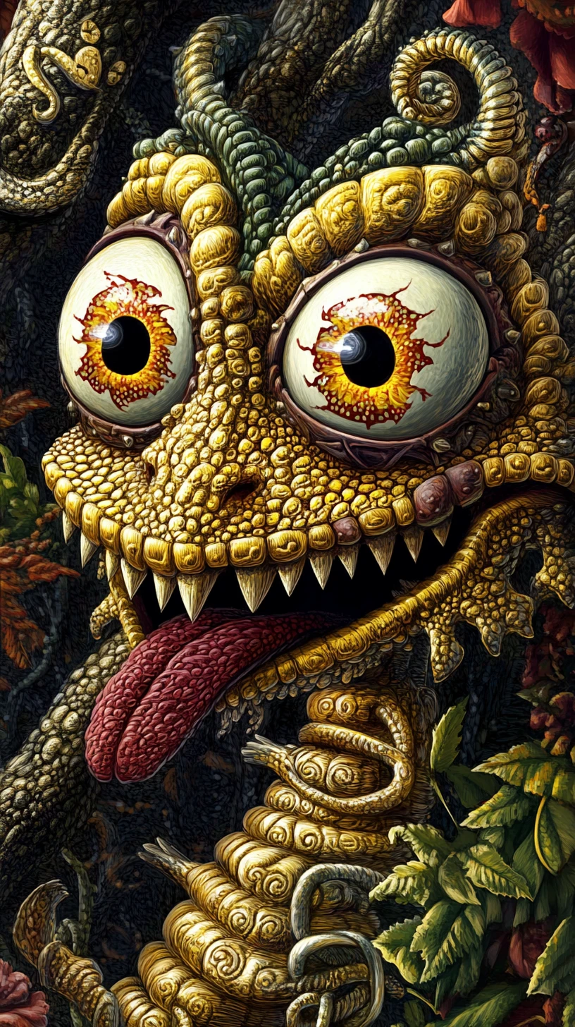 Creatura fantastica surreale che emerge da un reame oscuro e contorto