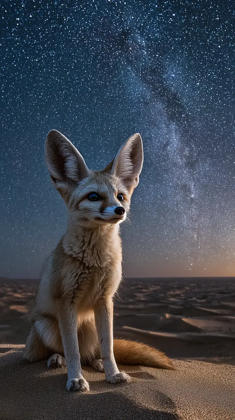 Fennec fox on saharan dune under starry night sky