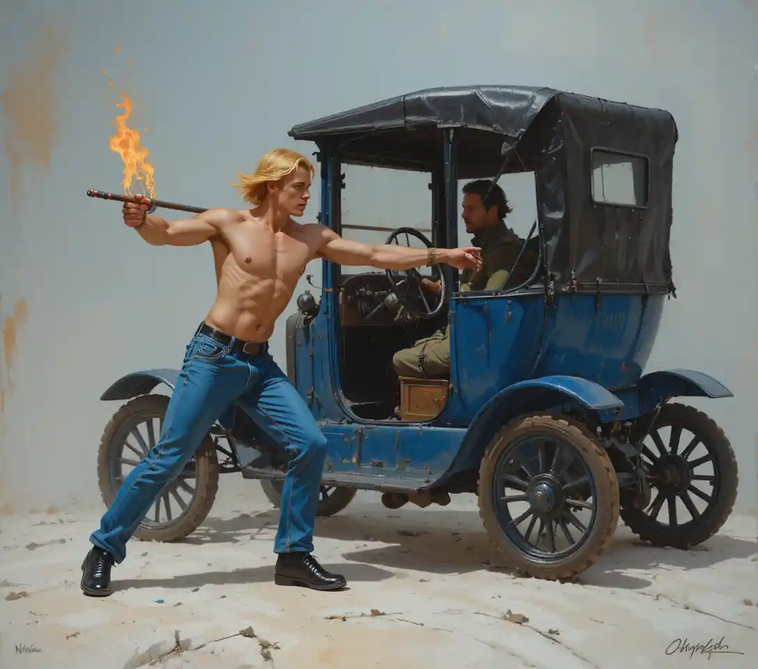 Shirtless man attacking soldier in burning war zone