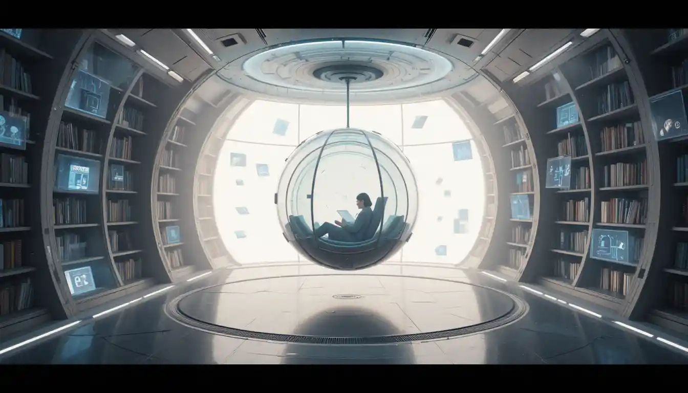 Cápsula de lectura futurista en una tranquila biblioteca de gravedad cero