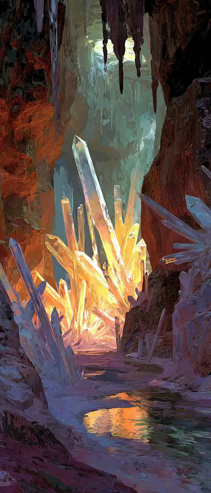 Warrior Exploring A Glowing Crystal Cave Passage