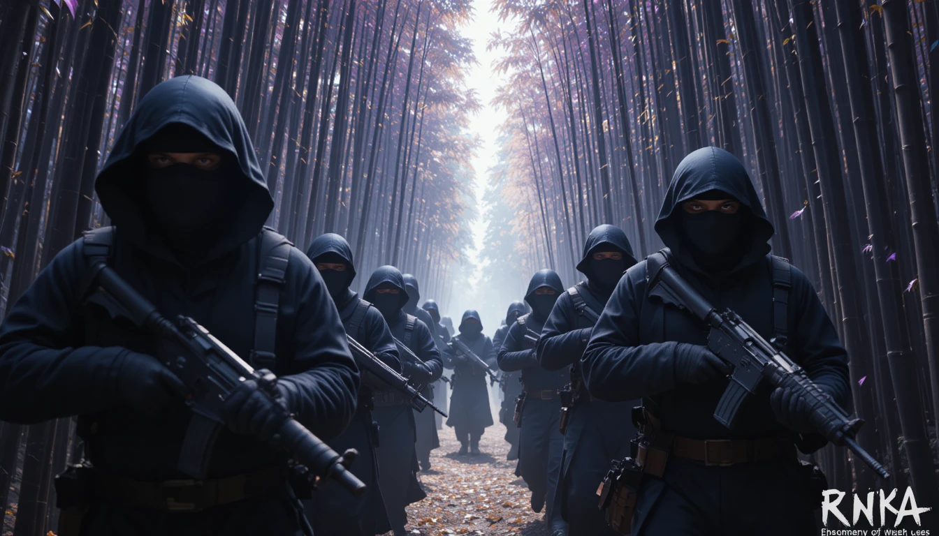Ninjas armés fonçant à travers une forêt de bambous violette