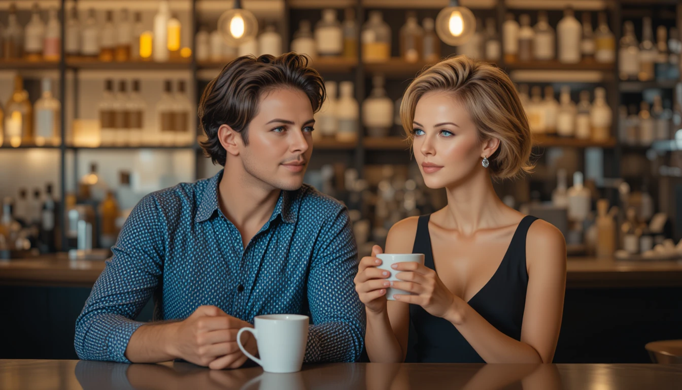 Stylish couple chatting over coffee at a modern bar