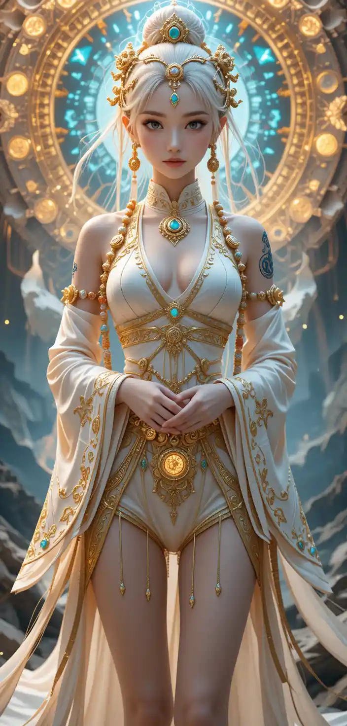 Mystical monk woman in ornate golden ritual robes