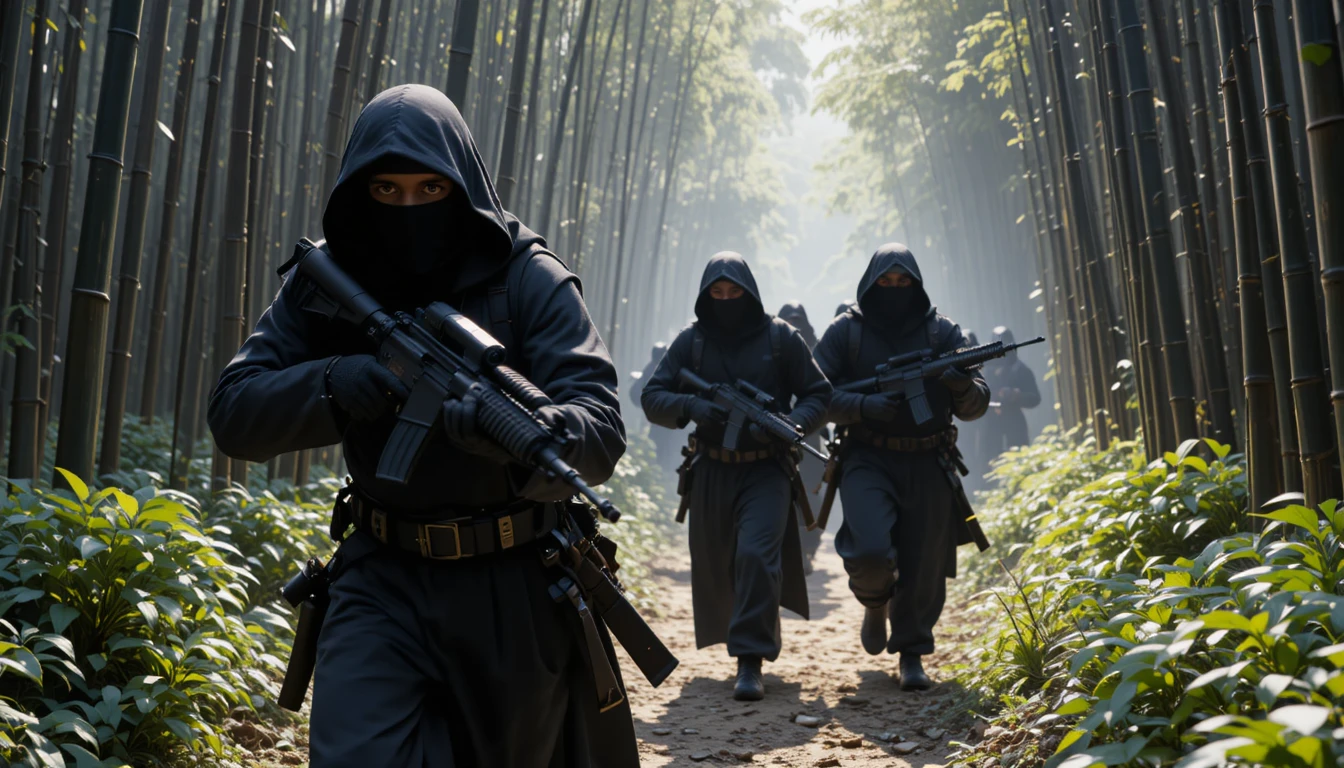 Armed ninjas rush through a dense purple bamboo forest
