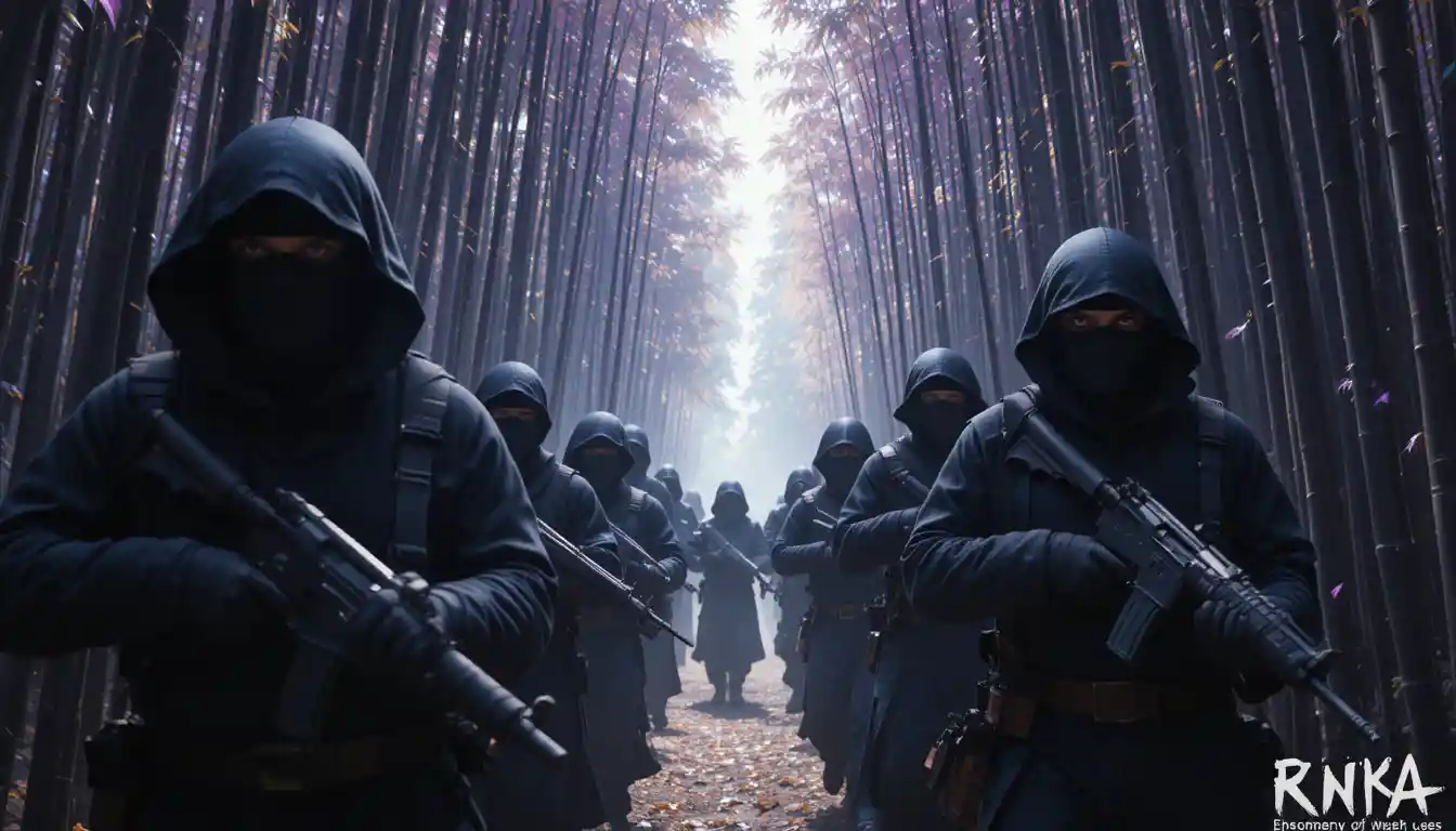 Ninjas armados corriendo por un bosque de bambú púrpura