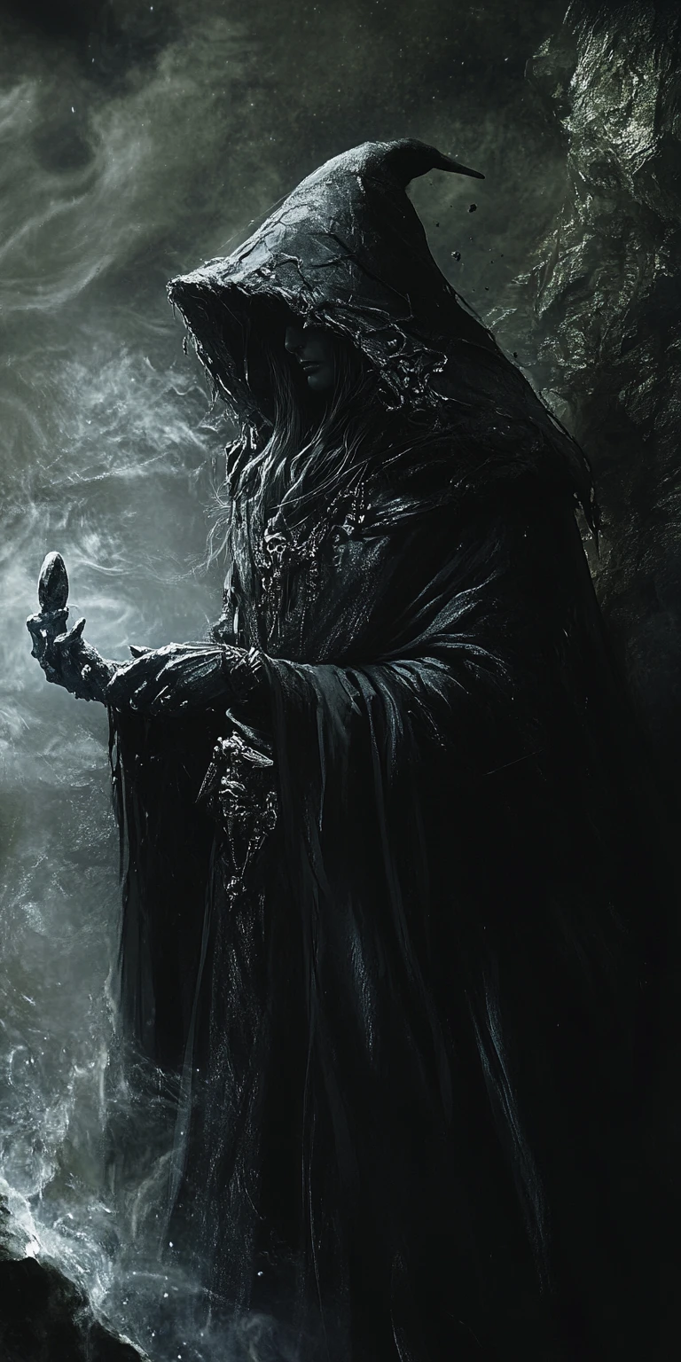 Bruja oscura que emerge de las sombras para atacar