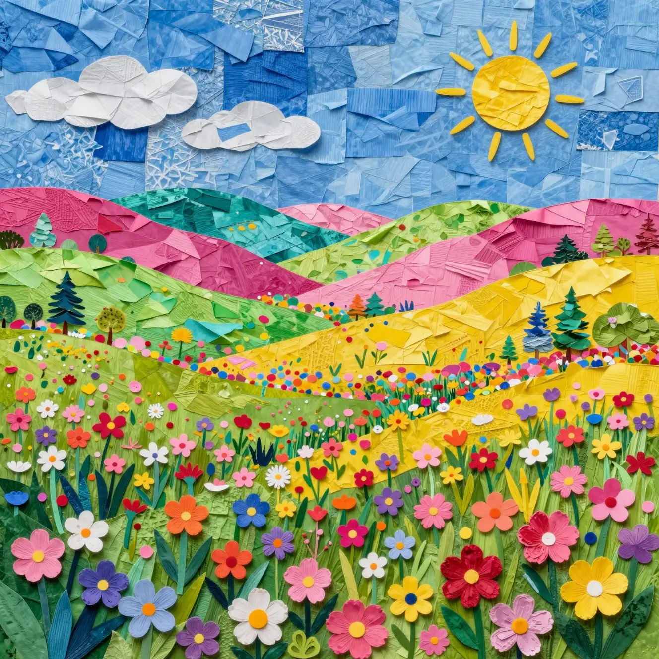 Colorful mixed media collage of spring flower hills