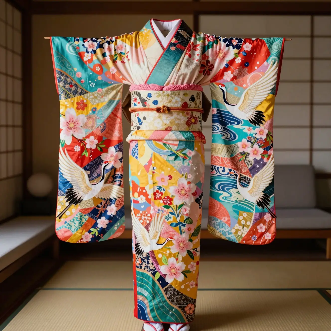 Colorful collage kimono in a traditional Japanese interior
