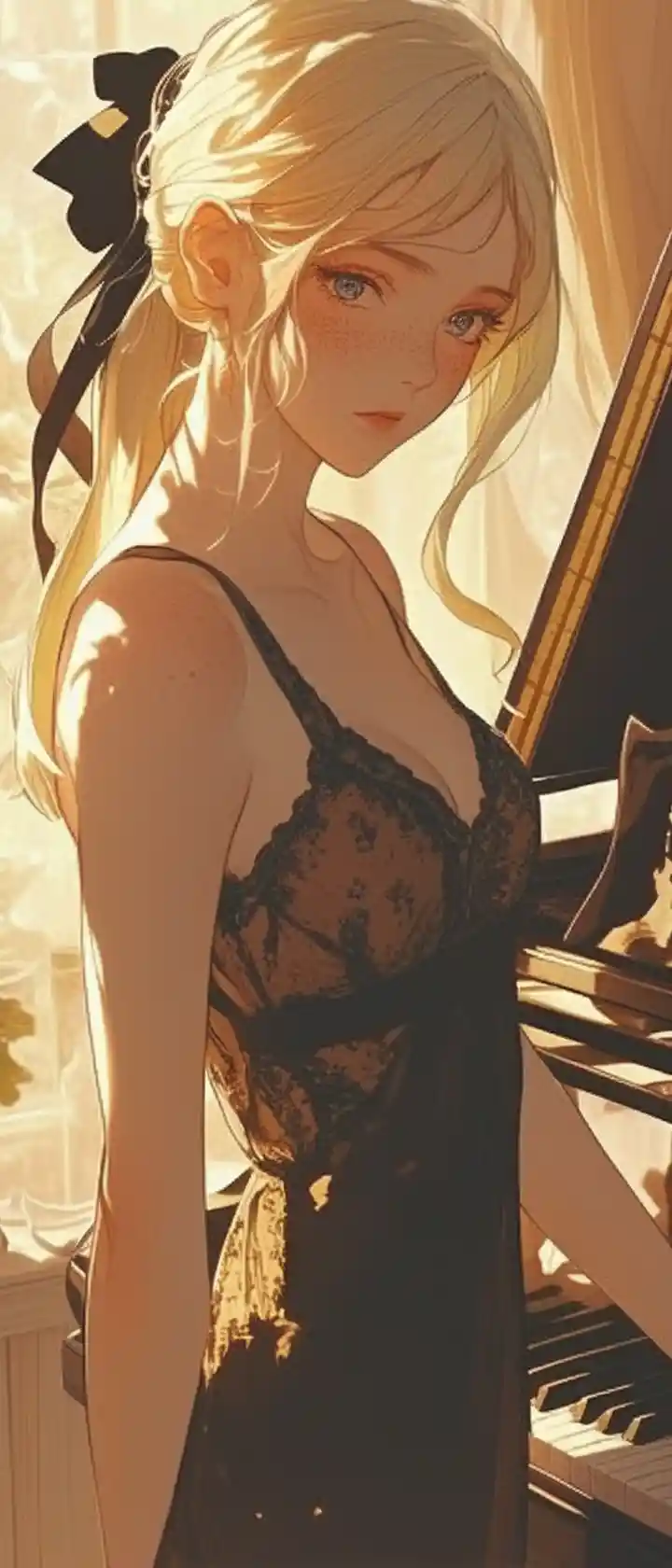 Anime-Mädchen am Flügel im warmen Abendlicht