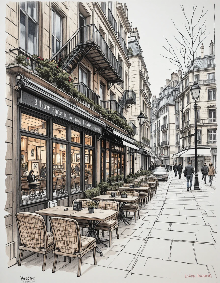 Pariser Straßencafé mit architektonischer Aquarellillustration