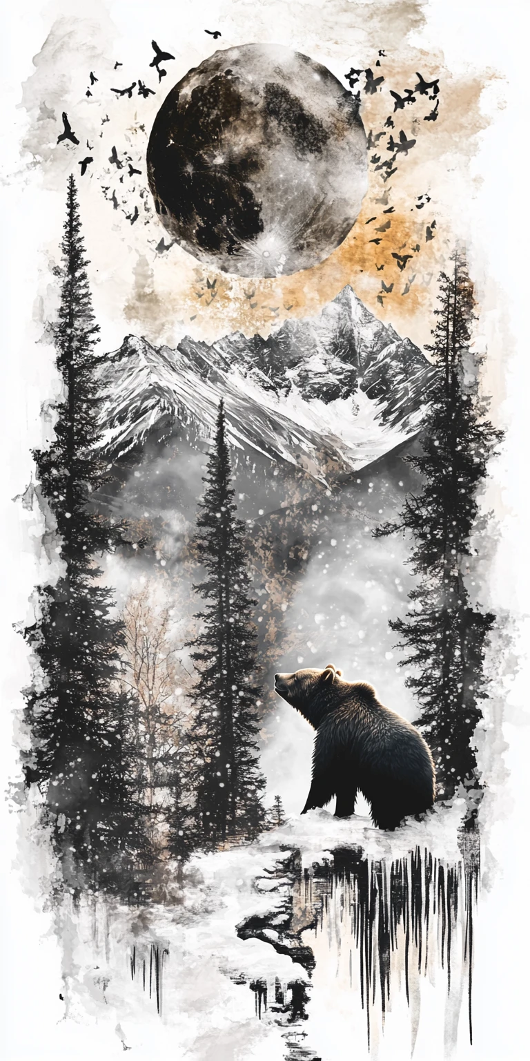 Collage con silhouette di orso, montagne e alberi di pioppo tremulo