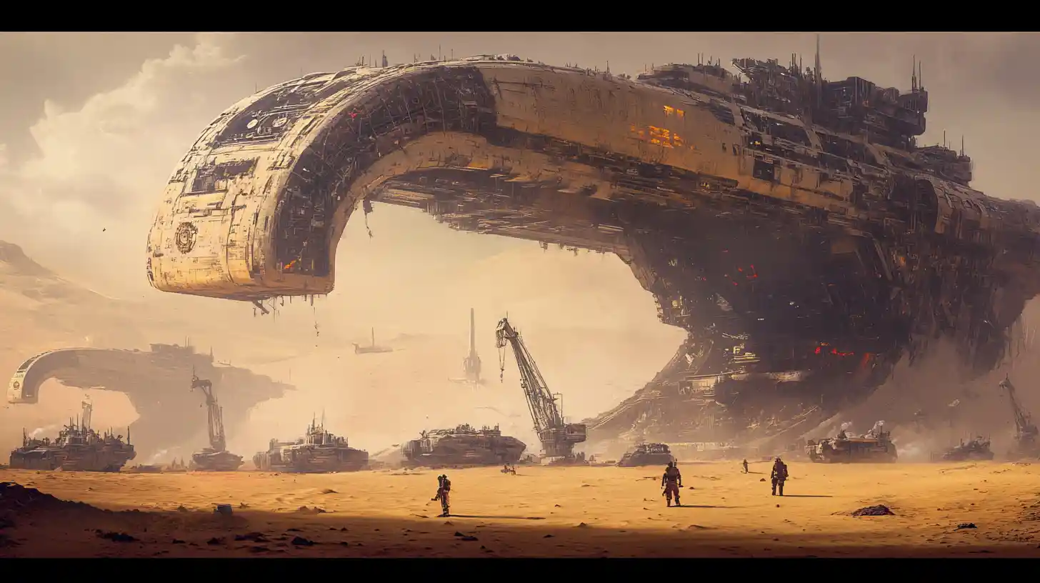 Gigantic spaceships under a colossal desert refit station