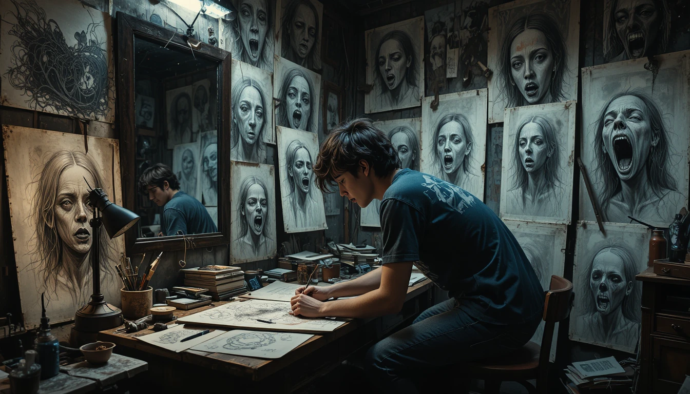 Teenage artist creating haunting drawings in a dark room
