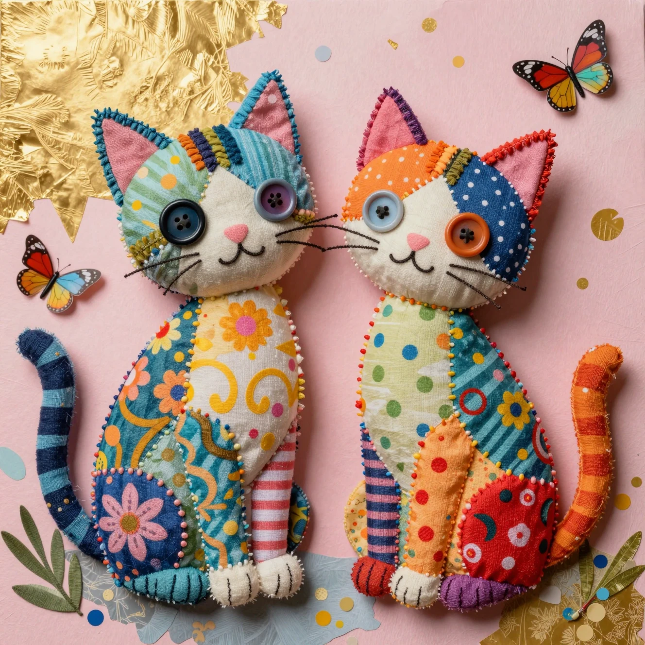 Whimsical patchwork cat dolls in colorful paper collage