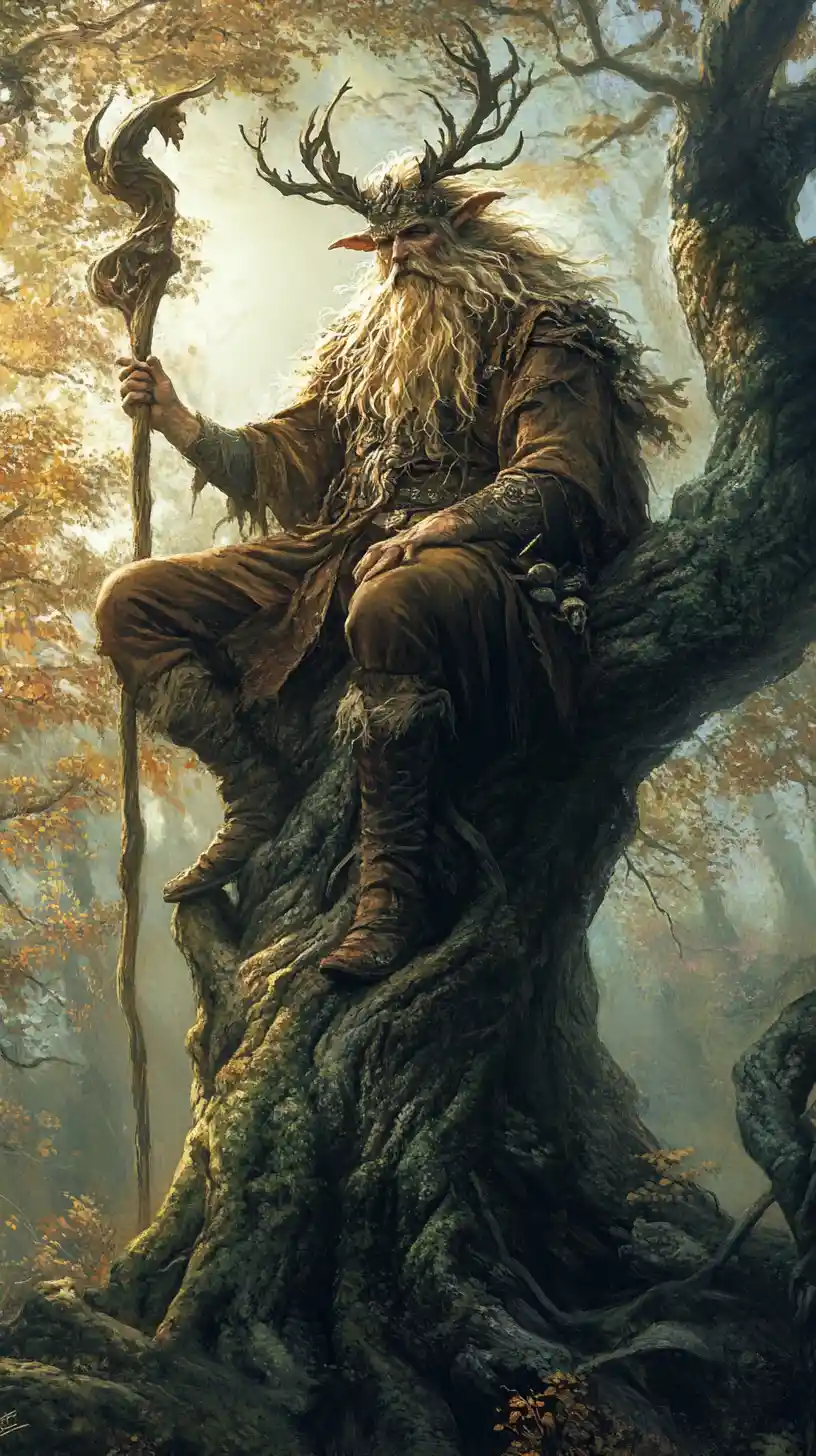 Mystical forest deity seated atop an ancient gnarled tree