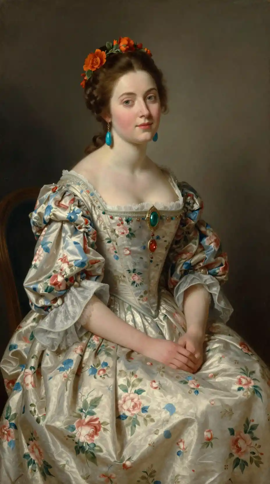 Romantic renaissance style portrait of a seated young woman