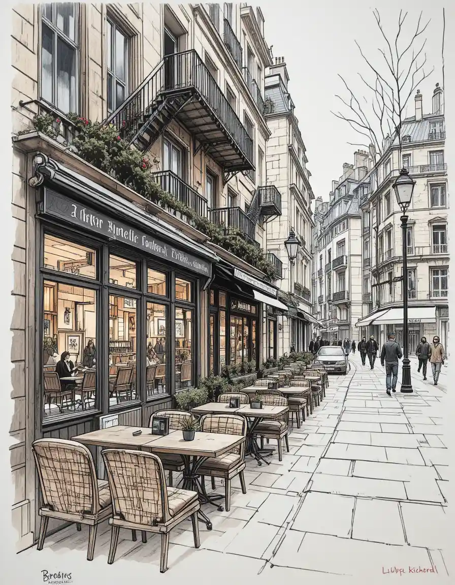Caffè di strada a Parigi con illustrazione architettonica ad acquerello