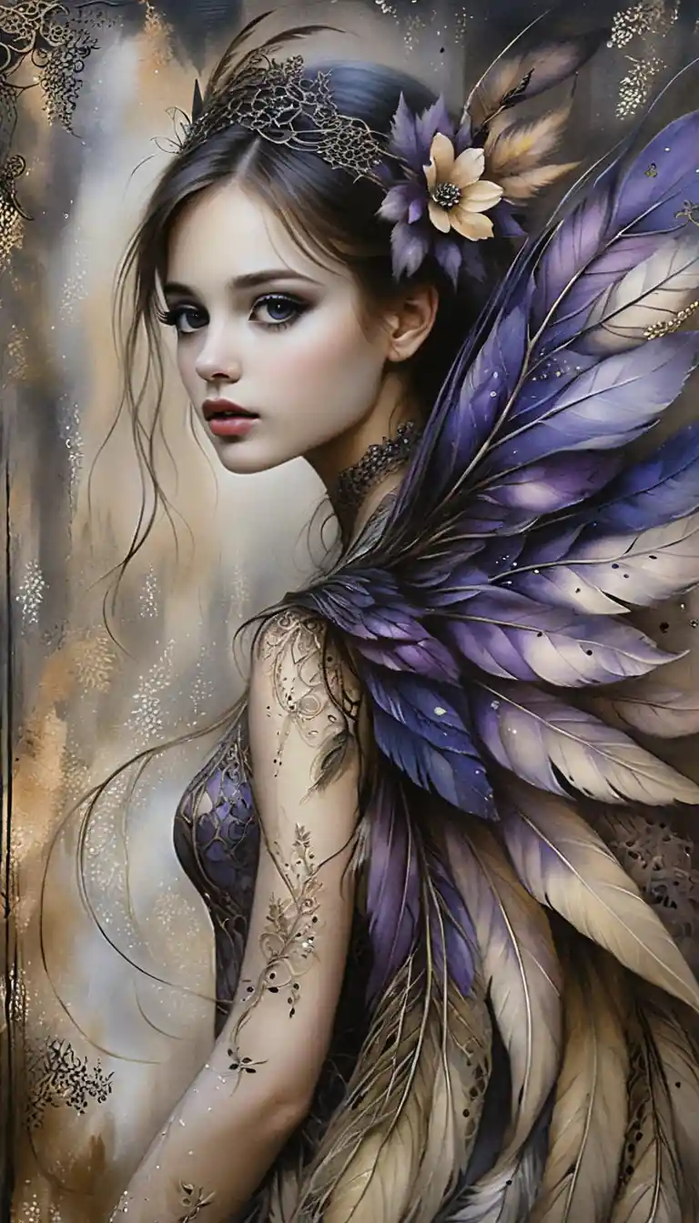 Dark fairy portrait with feathered wings and lace dress