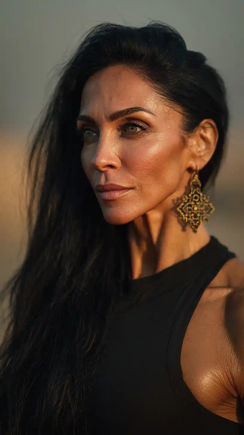 Strong Middle Eastern woman bodybuilder at desert sunset