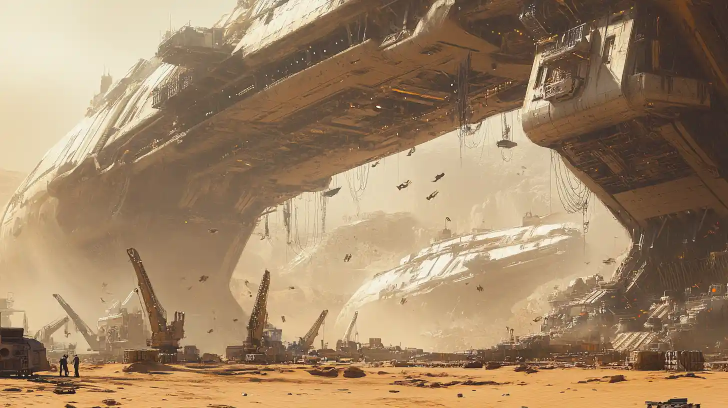 Gigantic spaceships under a vast desert refit archway