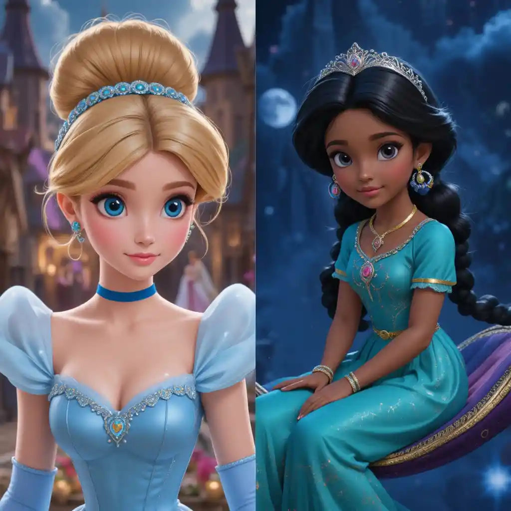 Cinderella and Jasmine sisters in dreamy split screen scene