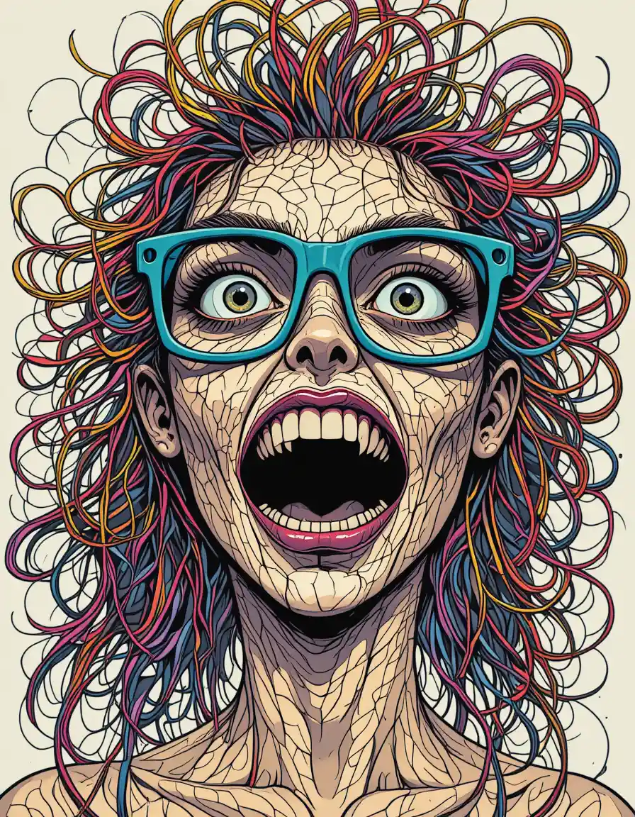 Surreal scribble faced woman with cracked teal glasses
