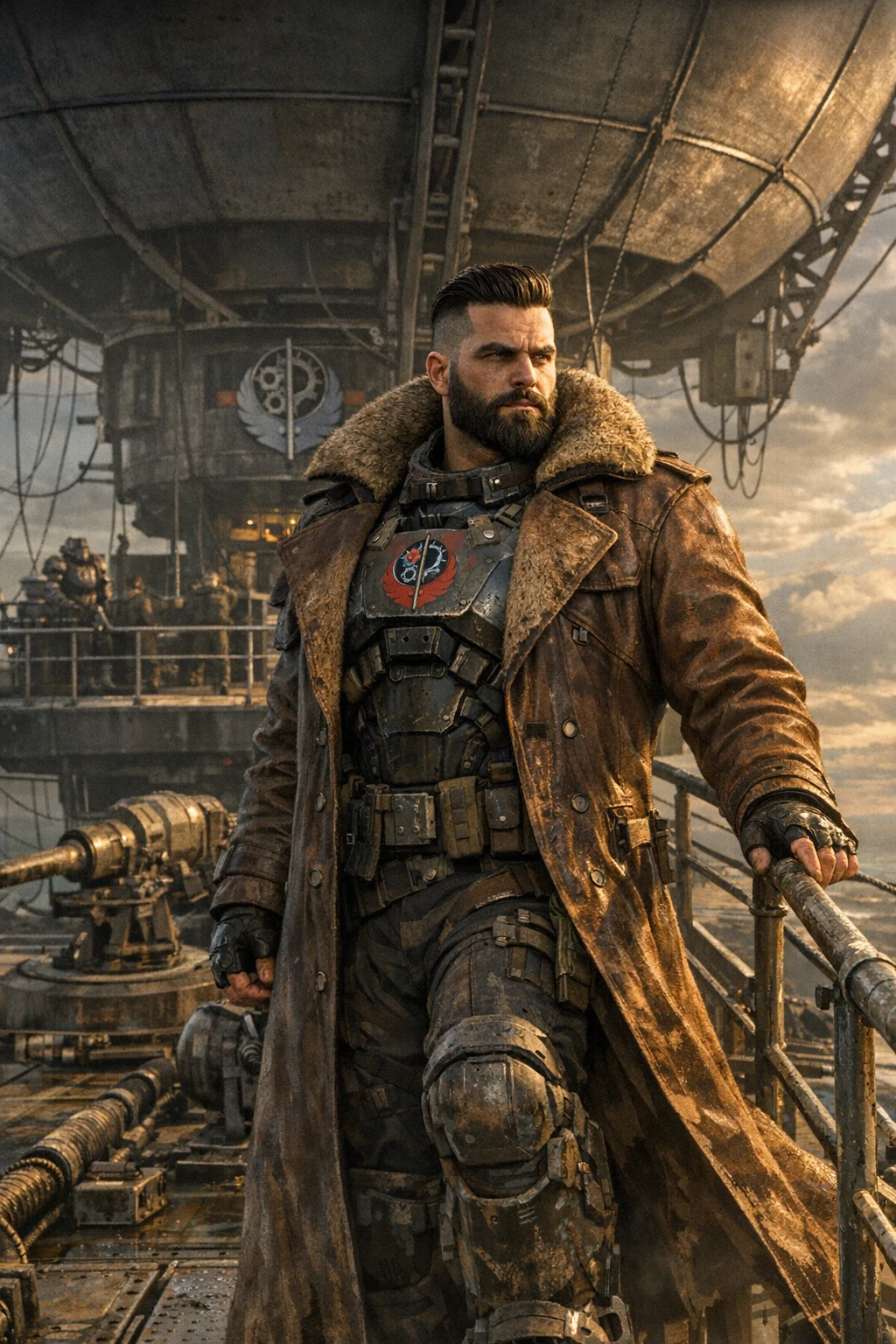 Man in long brown coat on airship foredeck