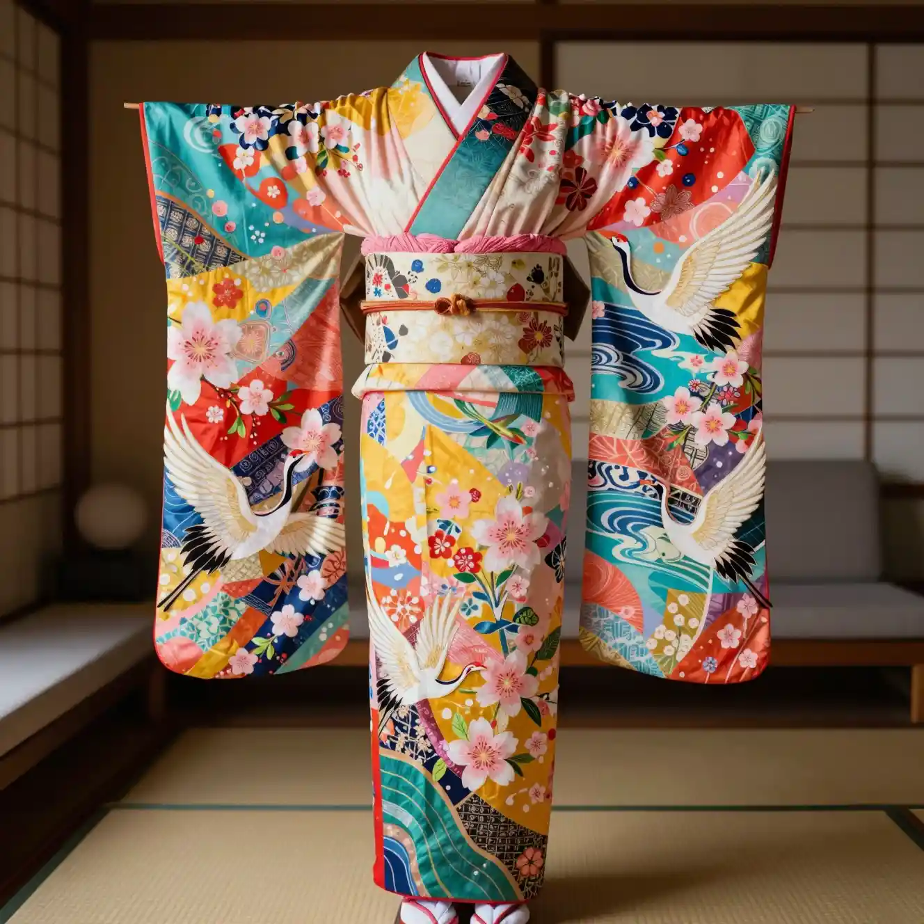 Farbenfroher Collage-Kimono in einem traditionellen japanischen Interieur