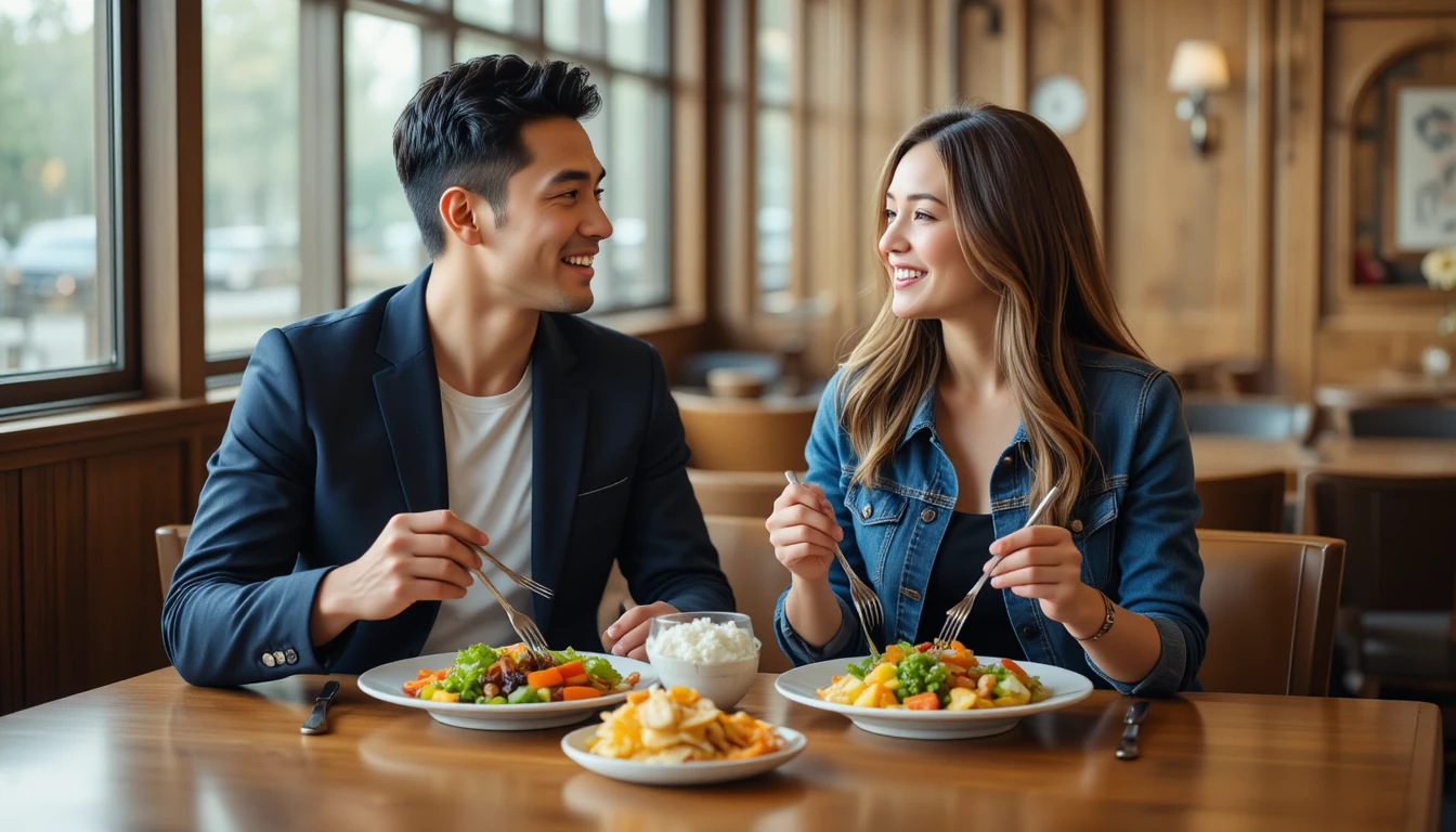 Smiling couple sharing a healthy meal at wooden table