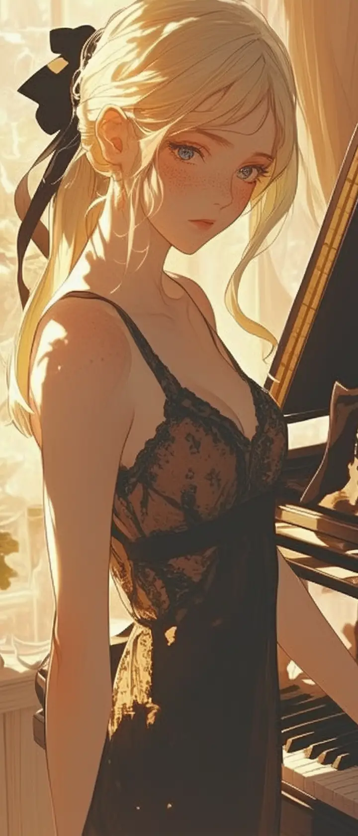 Anime girl by grand piano in warm evening light