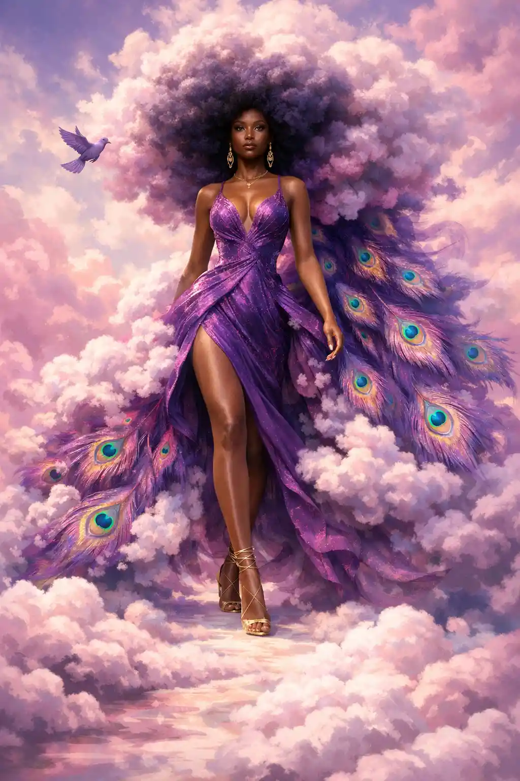 Donna regale fantasy che cammina lungo un sentiero di nuvole turbinanti